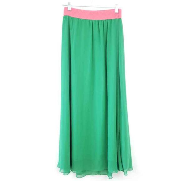 LuLaRoe Lucy Kelly Green Maxi Skirt Pink Elastic Waistband Chiffon Flowy XS - Picture 1 of 5